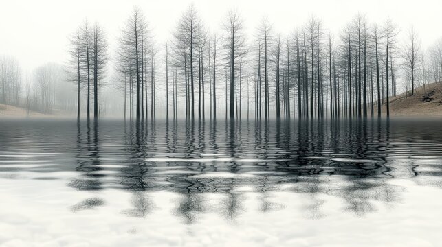 Flooded forest, misty winter landscape, serene reflection, nature wallpaper