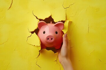 A bright and colorful image where a hand holds a piggy bank through a torn yellow wall, showcasing the concept of personal financial growth.