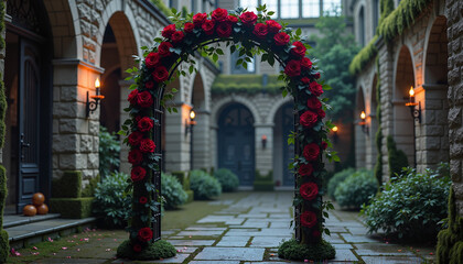 Fototapeta premium Wedding Arch with Red Roses in Front of a Stone Entrance