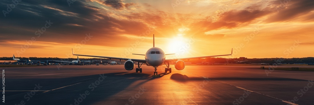 Poster Sunset view of airplane on runway at airport with dramatic sky and distant aircraft during evening hours. Generative AI