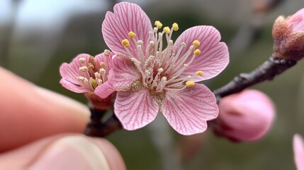 Obraz premium Close-Up of Hand Holding Delicate Cherry Blossom