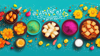 Holi Festival Flat Lay with Colorful Powder and Sweets, Holi 