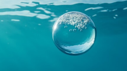 Obraz premium Underwater Sphere with Bubbles - A crystal sphere floats beneath the surface, filled with tiny bubbles. It symbolizes purity, fragility, reflection, the environment, and underwater life