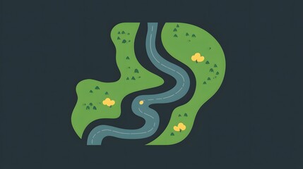 Obraz premium Stylized map illustration, green landmass with winding river, suitable for travel guides or outdoor adventure themes.