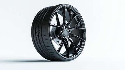 Close-up of a black alloy wheel with tire, isolated on white background.