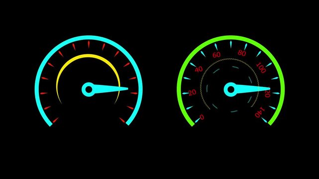 cyan color Bright speedmeter animation.black background from 1 to 100 , and 4k video.
