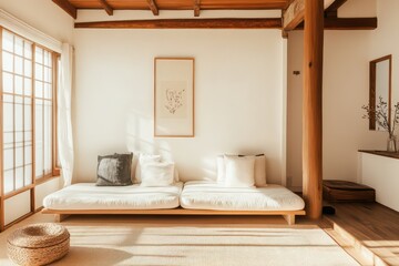 A bright and open Japanese-style living room featuring a low sofa, clean white walls, and handcrafted wooden accents.
