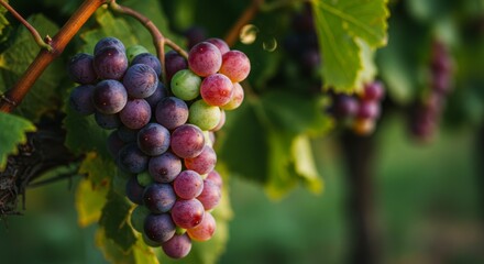 Sun-kissed grapes hanging from vine, showcasing the vineyard's bounty