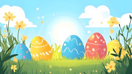 Brightly colored Easter eggs in a sunny meadow, vibrant spring scene with flowers, perfect for seasonal greetings and festive themes.