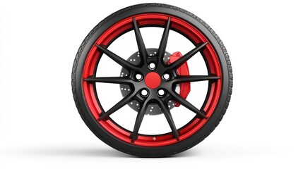 Obraz premium Close-up of a black and red alloy wheel with tire and brake caliper isolated on white background.