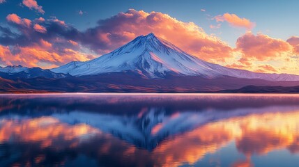 Fototapeta premium Volcanic mountain in morning light: radiant sunbeams create mirror-like reflections on a calm lake, showcasing majestic natural beauty and pristine wilderness