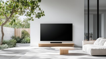 Fototapeta premium Large smart television mounted on a white wall in a minimalist living room with a white sofa and outdoor patio view during the day.