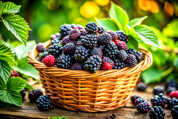 Ripe blackberries and raspberries in a basket on a wooden table. Generative AI