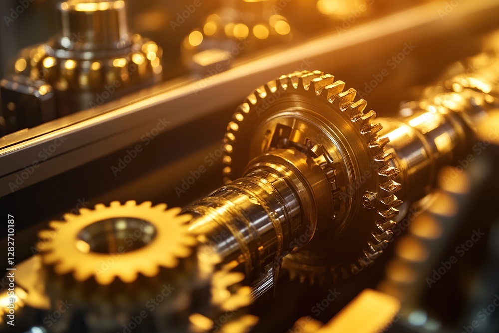 Poster precise gears interlock: complex machine components rotate smoothly, illustrating industrial precisi