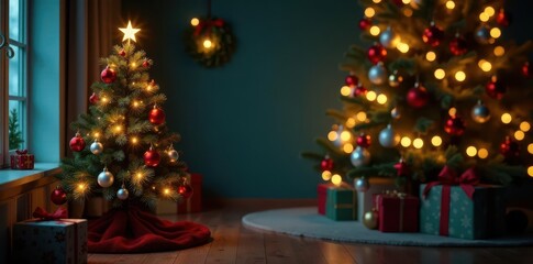 Festive Christmas tree with ornaments and lights, evergreen, Christmas tree