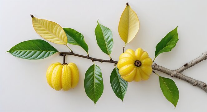 branch with bright yellow lucuma fruit and leaves on plain white background