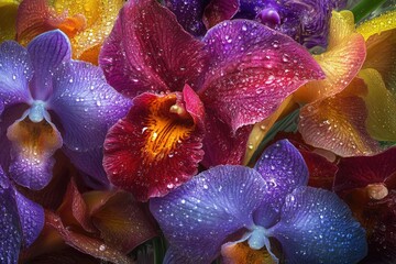 Close-up of vibrant orchids with water droplets, showcasing rich purple, red, and yellow hues. © Isuru