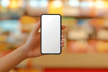 Woman Holding Smartphone with Blank White Screen Against Blurred Store Background