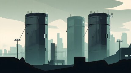 Futuristic city skyline, three towering structures silhouetted against a cloudy sky, highlighting urban architecture and modernity.