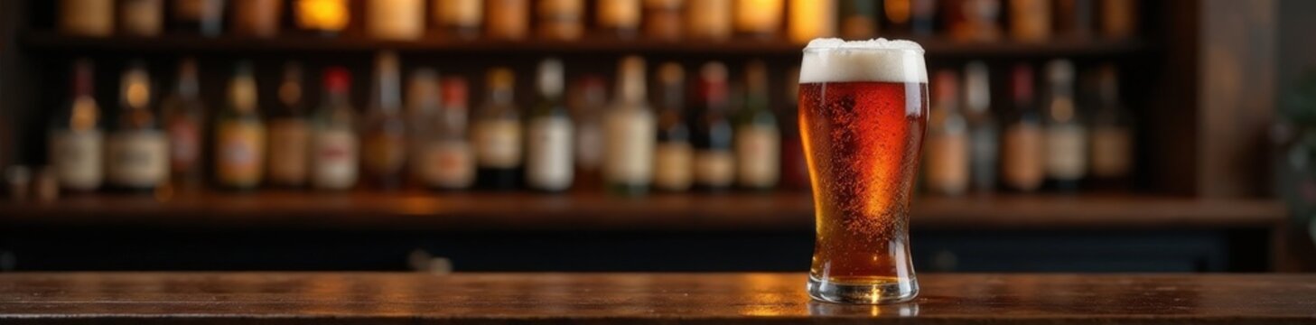 Full pint of real ale in traditional pub glass, dark wood bar, full, local