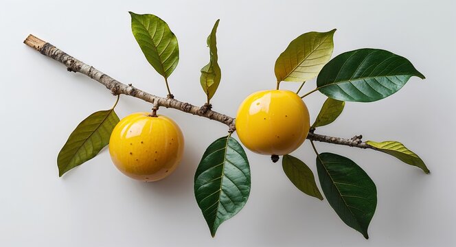 branch with golden yellow marang fruit and leaves on plain white background