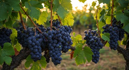 Naklejka premium Ripe grape bunches hanging on vines in a vineyard during harvest time