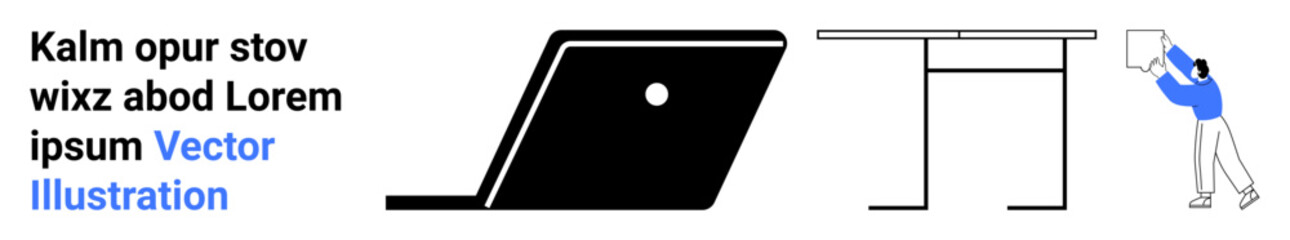 Laptop, modern table, individual interacting with oversized paper. Ideal for productivity, workspace setup, creativity, organization, technology, professional tasks abstract line flat metaphor