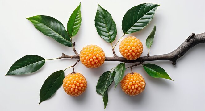 branch with round sweet marang fruit and leaves on plain white background