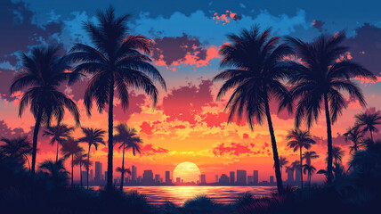 Serene tropical sunset with the silhouette of a palm tree casting a shadow on the horizon