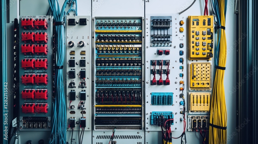 Aufkleber Close-up of a complex electrical control panel with various switches, wires, and connectors.