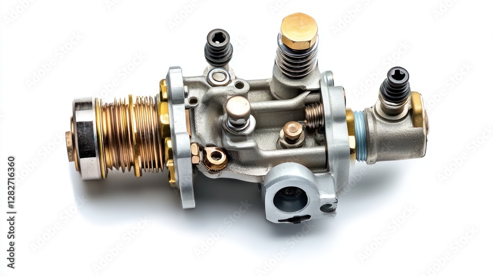 Aufkleber Close-up of a complex metallic engine component, showcasing intricate details and mechanical parts against a stark white background.