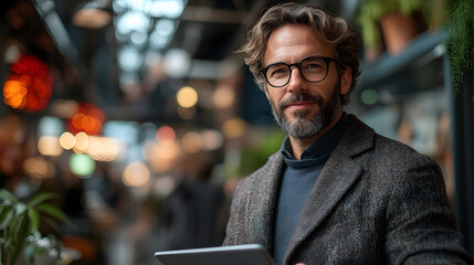 Young entrepreneur using a tablet, digital workflow, stylish and productive workspace