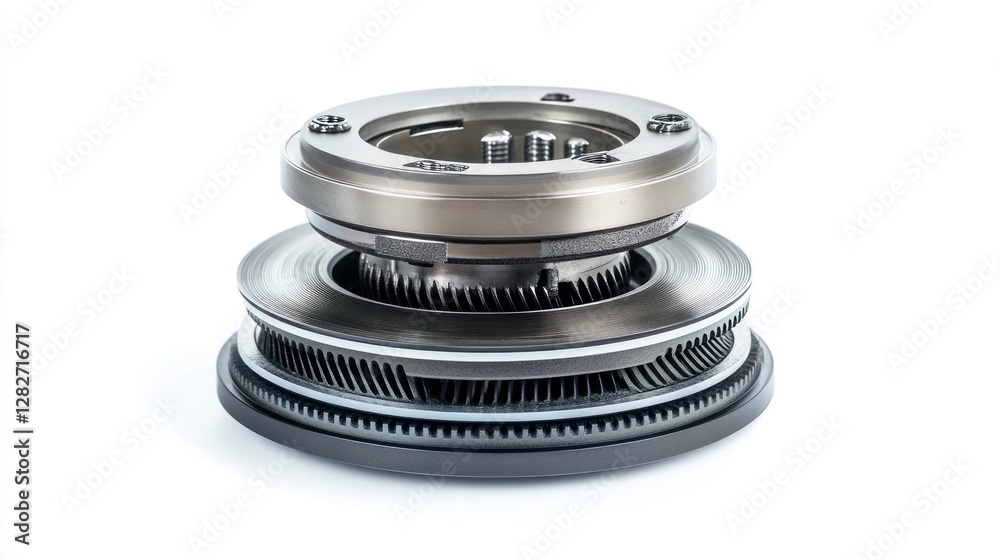 Fototapete close-up of a complex metallic industrial component with gears and intricate design, isolated on whi