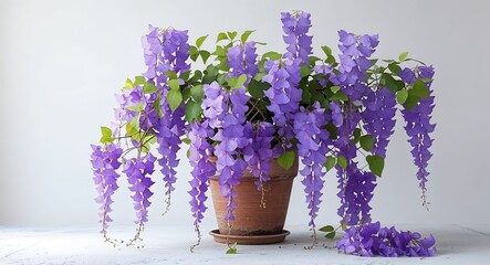 plant charming purple wisteria flowers in pot on plain white background