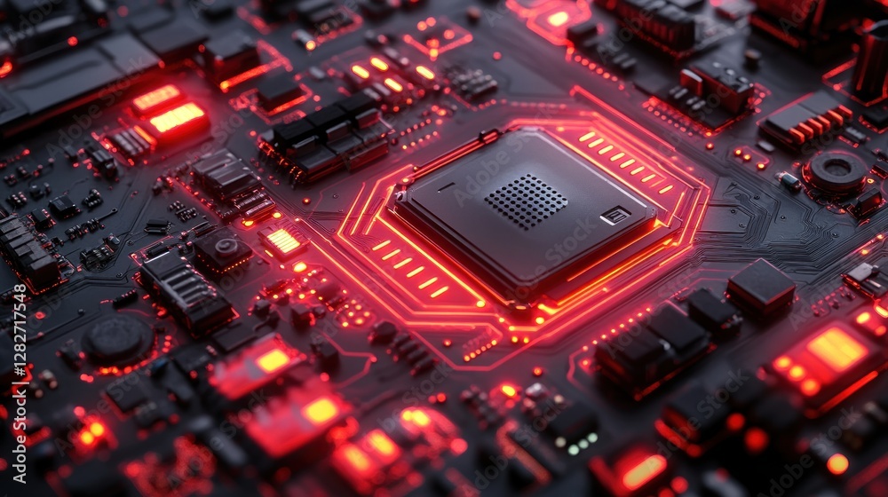Aufkleber close-up of a computer processor with glowing red circuits.