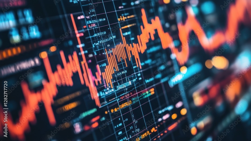 Poster close-up of a computer screen displaying fluctuating stock market data, showing lines and numbers in