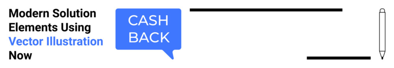 Blue speech bubble with Cash Back text, minimalist layout, and black pen icon. Ideal for finance, promotions, customer rewards, online shopping, user experience, advertisements and flat landing page