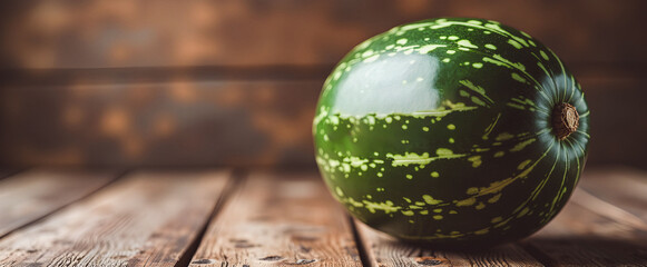 Vibrant green gourd rests on rustic wood, showcasing its unique speckled pattern. A captivating still life.