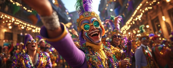 A vibrant carnival scene with colorful costumes, beads, and masks, capturing joyful participants celebrating in a festive street atmosphere.