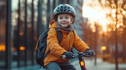 happy kid on e scooter riding to school with energetic movement and fun backpack commute enjoying playful urban lifestyle and active outdoor eco friendly transport