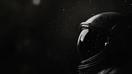 Close-up of a dark astronaut helmet against a black, speckled background.