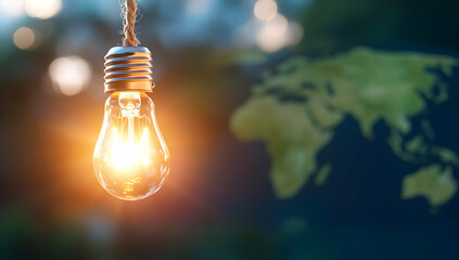 Glowing lightbulb hanging against blurred world map background; symbolizes global ideas, innovation, and solutions; ideal for presentations and websites about sustainability and global initiatives