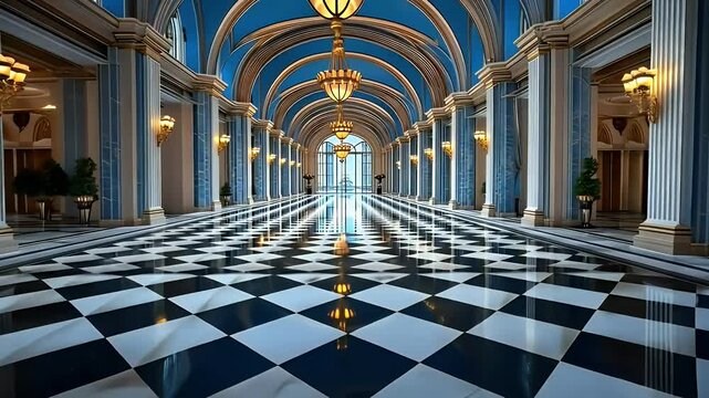 Grand hallway with checkered floor and elegant chandeliers, showcasing luxurious architecture