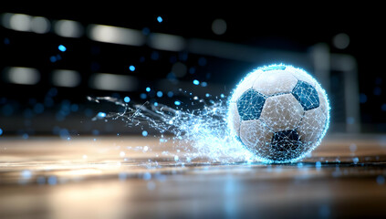 Glowing soccer ball rolling on indoor court, motion blur, nighttime stadium background.  Perfect for sports, technology, or energy themed projects