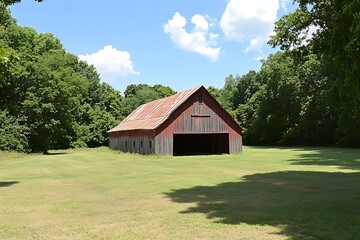 Obraz premium Rustic red barn in grassy field, sunny woods