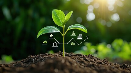 Green Plant Growing with Infographic Elements Representing Environmental Sustainability Concepts