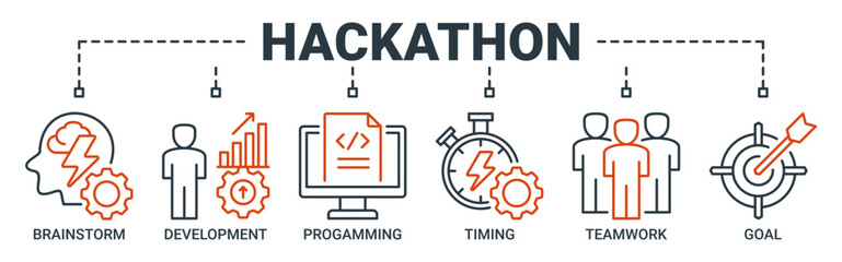 Hackathon banner web icon vector illustration concept for design sprint-like social coding event with icon of brainstorm, development, programming, timing, speed, teamwork, and goal icons outline. 