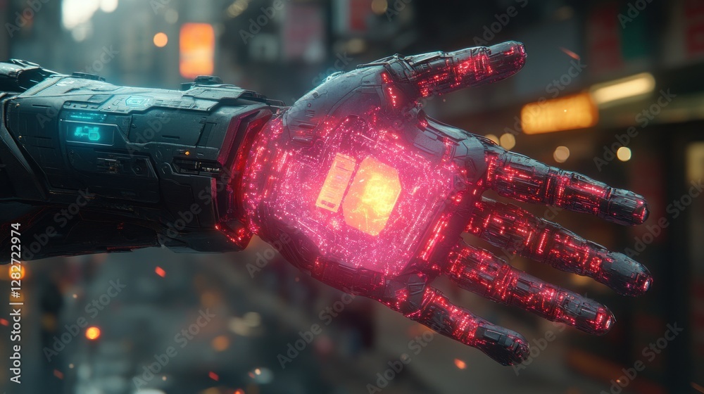Poster close-up of a futuristic robotic hand with glowing internal circuits, set against a blurred city bac
