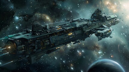 A concept art of a ship exploring the universe, with photorealistic details and intricate designs