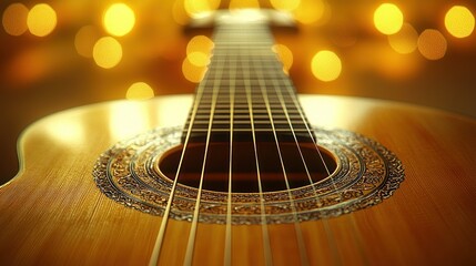 Obraz premium Close-up of a guitar with bokeh lights, for musical projects or wall art